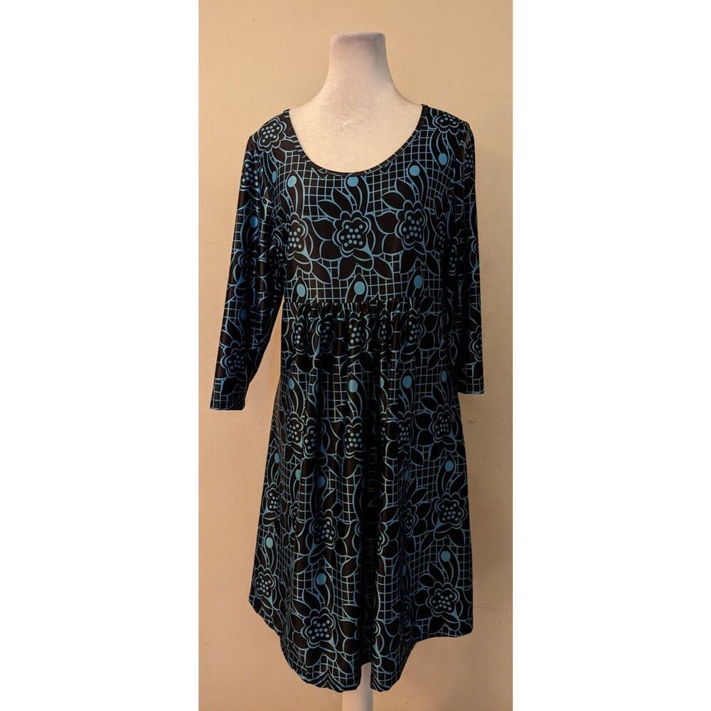 R&B Collection Sz S Blue Black Floral Long Sleeve Dress 0334
